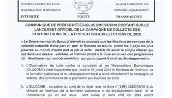 Communiqué de presse portant sur le lancement officiel de la campagne de collecte des contributions de la population aux élections de 2020