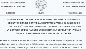 Note de plaidoyer sur la mise en application de la convention des nations unies contre la corruption  par le Burundi émise lors de la 9 eme session du groupe d’exam de l’application de la convention des nations unies contre la corruption prevue du 03 -05 septembre 2018 a vienne en autriche